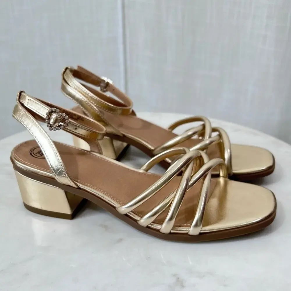 Wonder Nation NWT Strappy Gold Sandal Heels Heart Buckle Shoes Size 5